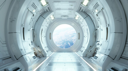 Fototapeta premium sci fi futuristic white space station interior, futuristic door in the center of frame with window looking out to planet earth outside