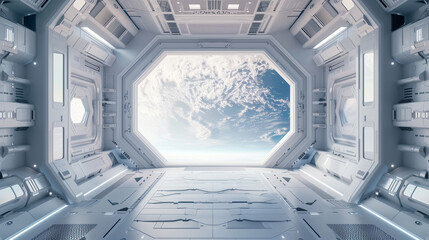 Fototapeta premium sci fi futuristic white space station interior, futuristic door in the center of frame with window looking out to planet earth outside
