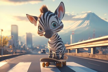 Obraz premium cute cartoon zebra skateboarding on the highway