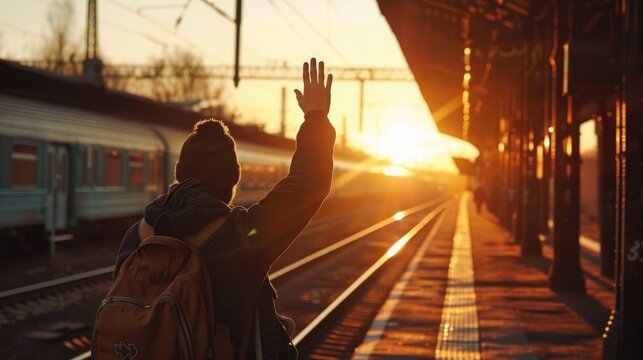 A man bids a tearful goodbye to his girlfriend, silhouetted against a beautiful autumn sunset at the train station. Guy waving to a girlfriend