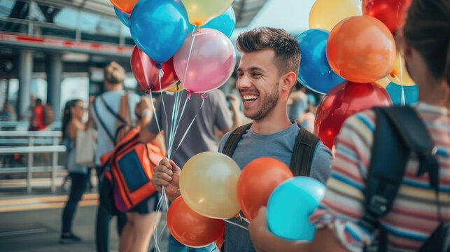 A man with colorful balloons welcomes his girlfriend at the airport. Guy waving to a girlfriend - Powered by Adobe