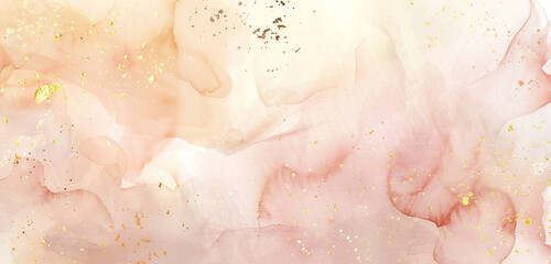 Fototapeta premium Tranquil blush & beige watercolor with golden speckles on white canvas.
