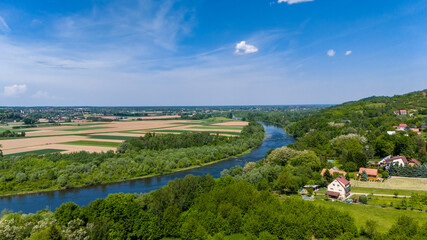 Dunajec river bend in picturesque landscape of Lesser Poland near Tarnow,. Aeral drone view.