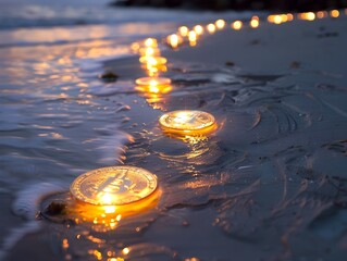 Gold Coin Beach Lanterns Guiding the Path to Financial Enlightenment under the Sunset Glow