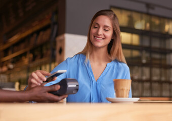 Customer, payment and POS with phone in cafe or coffee shop with easy fintech machine for shopping. Cashless, smartphone and futuristic contactless cashier to process online transaction in business