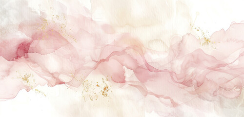 Whimsical watercolor with blush, ivory, and subtle gold on wide canvas.
