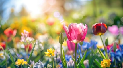 Colorful flowers blooming outdoors on a sunny spring day