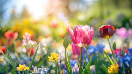Obraz premium Colorful flowers blooming outdoors on a sunny spring day