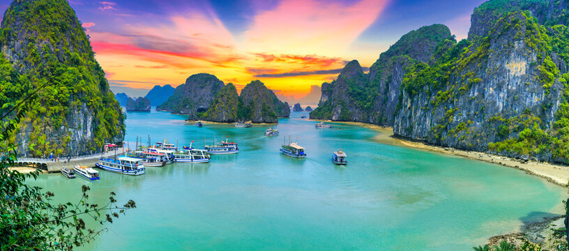 Dreamy sunset landscape Halong Bay, Vietnam view from adove. This is the UNESCO World Heritage Site, a beautiful natural wonder in northern Vietnam