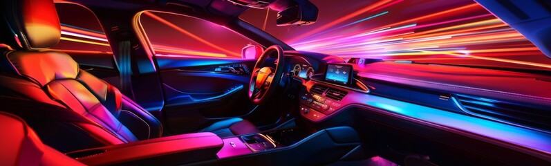 Obraz na płótnie Canvas Brightly colored lights illuminate the interior of a car. Banner