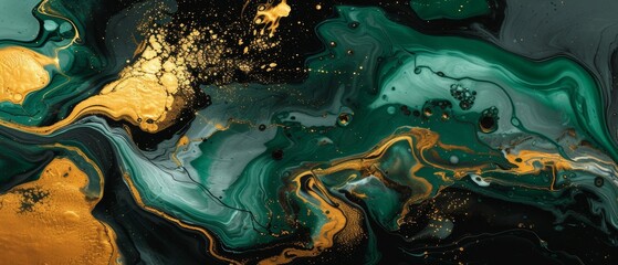 Abstract Green and Gold Fluid Art Pattern