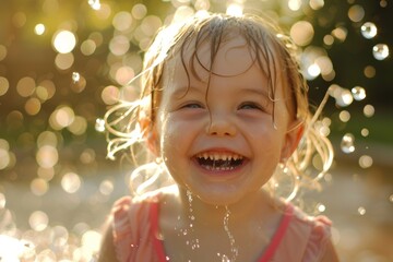 Close-up of a happy child laughing and playing with water, with bokeh sunlight in the background. Pure joy and summer fun.