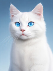 A White fluffy cat with bright blue eyes on a blue background, Generative AI