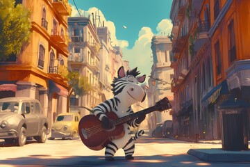 Obraz premium cartoon zebra playcartoon zebra playing guitaring guitar