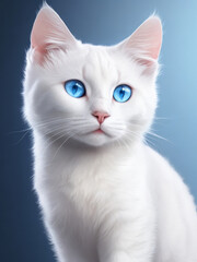 A White fluffy cat with bright blue eyes on a blue background, Generative AI