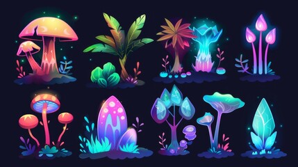 A fantasy plant for a magic forest cartoon game. An alien planet nature element isolated with glow. A glossy psychedelic wonderland jungle landscape asset illustration.