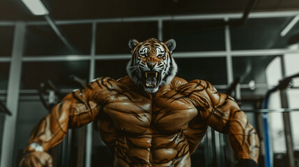 Muscular tiger in gym, creative concept of fitness, 3D Illustration 