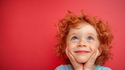 Red-haired child dreaming with hands on chin