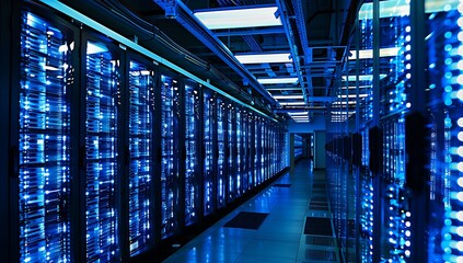 A large data center with rows of powerful server racks illuminated by blue LED lights, showcasing...