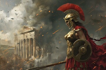 Digital art depicting a spartan warrior in ancient ruins engaged in a fiery and dramatic battle scene showcasing historical armor and combat stance in ancient greece