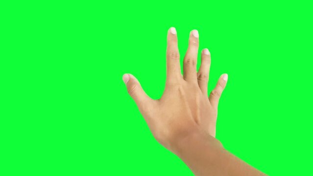 Waving hand good bye hand gesture isolated on green screen chroma key background