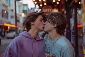 Obraz premium Two young men kissing in the street