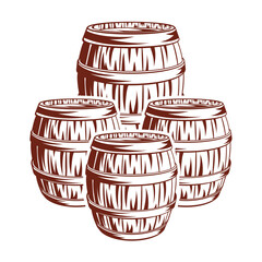 Vintage Beer wooden cask or barrels set. Drum vector Hand drawn design element isolated on white background.