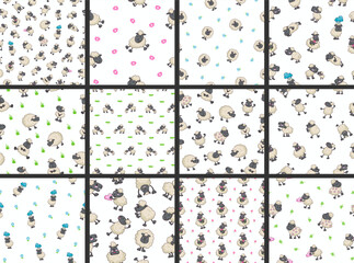 Sheep character cartoon. Seamless pattern. Cute farm animal. Flower, grass and plant. Vector drawing. Collection of design ornaments.