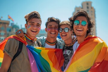 Four young men are smiling and holding a rainbow flag