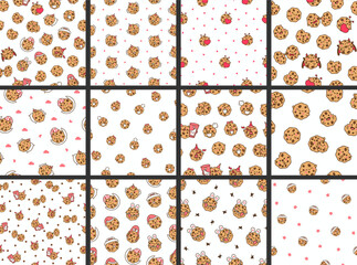Cute kawaii cookies. Seamless pattern. Cartoon choco chip characters. Funny food. Hand drawn style. Vector drawing. Collection of design ornaments.