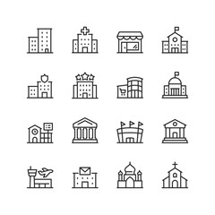 Public Buildings, linear style icon set. City infrastructure and community facilities. Residential, commercial, educational, institutional, and religious edifices. Editable stroke width.