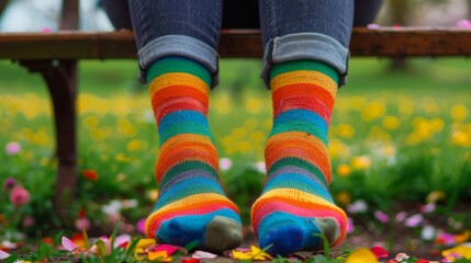 Closeup of a person sitting on a park bench, feet crossed, showcasing bright rainbow socks, with a subtle background of green grass and scattered flower petals