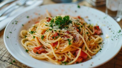 Plate of spaghetti with ham