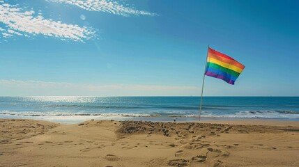 A lone rainbow flag planted in the sand on a sunny beach, with the ocean in the background and room for copy at the bottom