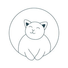 Happy cat ink doodle sketch. Cute fat cat in round frame hand drawn clip art. Dozing domestic cat, vector graphic