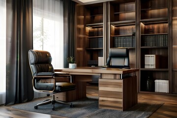 interior is an office with large wooden bookshelf and with large window
