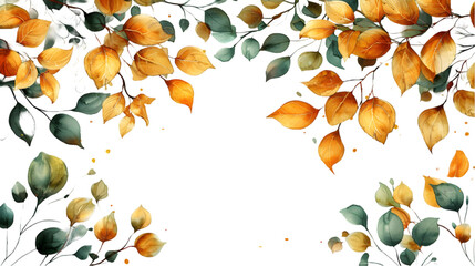 Watercolor seamless border - illustration with green gold leaves and branches,