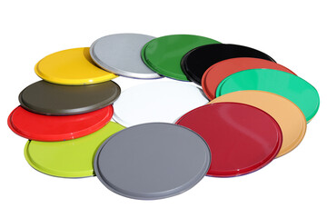 lids of colorful paint cans