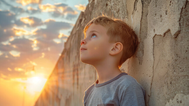 Young Boy Confronted by Unscalable Wall at Sunset  