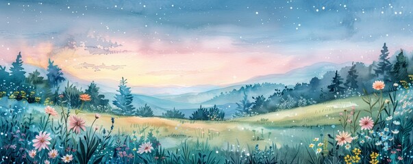Ethereal watercolor landscape of a dreamy florafilled meadow under a starlit sky, soft pastel tones, ideal for tranquil themes
