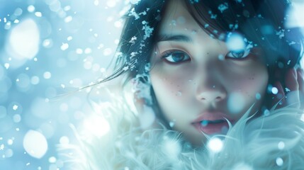 雪が舞う中こちらを見つめる少女
