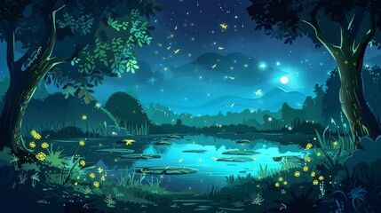 Forest swamp scene with glowing fireflies at night in the summer or spring. Summer or spring midnight wetland scene with glowing fireflies.