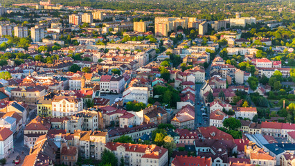 Aerial drone townscape of Tarnow city in Lesser Poland, Poland at sunset