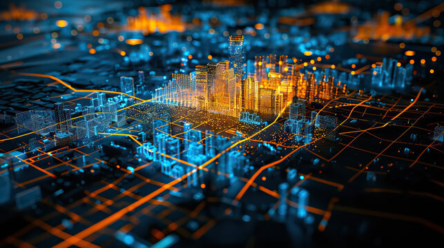 Technical visual illustration, mountain 3D LiDAR GIS aerial map urban city scan isolated against dark black background. High rise and skyscraper environment. Clear, beautiful, mapping topography data