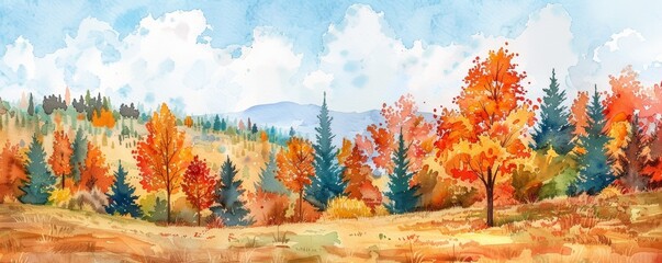 Dynamic watercolor panorama of a hillside dotted with autumn trees in full color, great for vibrant wall art