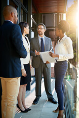 Outdoor, men and women with document, discussion and paperwork for planning of project and deal....