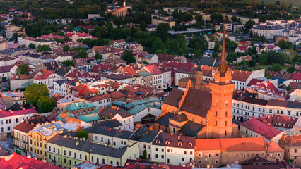 Aerial drone view of Tarnow townscape , Poland. Cathedral church of  of Holy Family and Market...