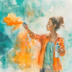 Dynamic watercolor painting of a woman releasing a cloud of powders from an aerosol can in a stylish blend of light orange and teal