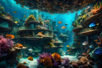An underwater utopia, showcasing a bustling coral city teeming with vibrant marine life and...