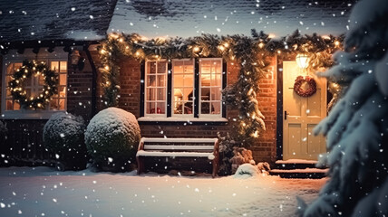 Christmas in the countryside, cottage and garden decorated for holidays on a snowy winter evening with snow and holiday lights, English country styling inspiration